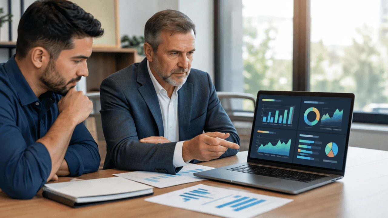 Small business owner reviewing AI automation results on a performance dashboard